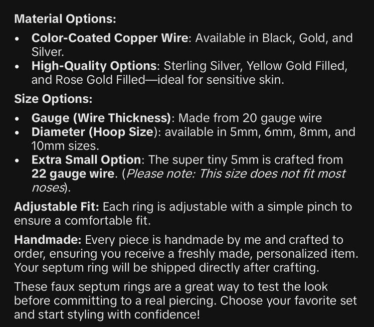 Faux Septum Nose Ring Clip-on Handmade 22-20 guage/5mm-10mm sizes