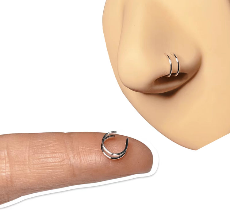 Tiny Double Nose Ring Unisex Handmade Faux Hoop, silver/gold/black, 20 gauge, adjustable