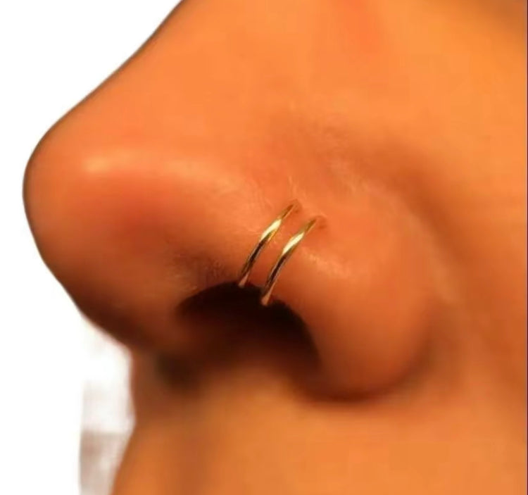Tiny Double Nose Ring Unisex Handmade Faux Hoop, silver/gold/black, 20 gauge, adjustable